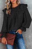 Black Crinkle Ruffle Trim Keyhole Puff Sleeve Blouse