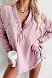 Green Crinkle Long Sleeve Distressed Split Henley Top