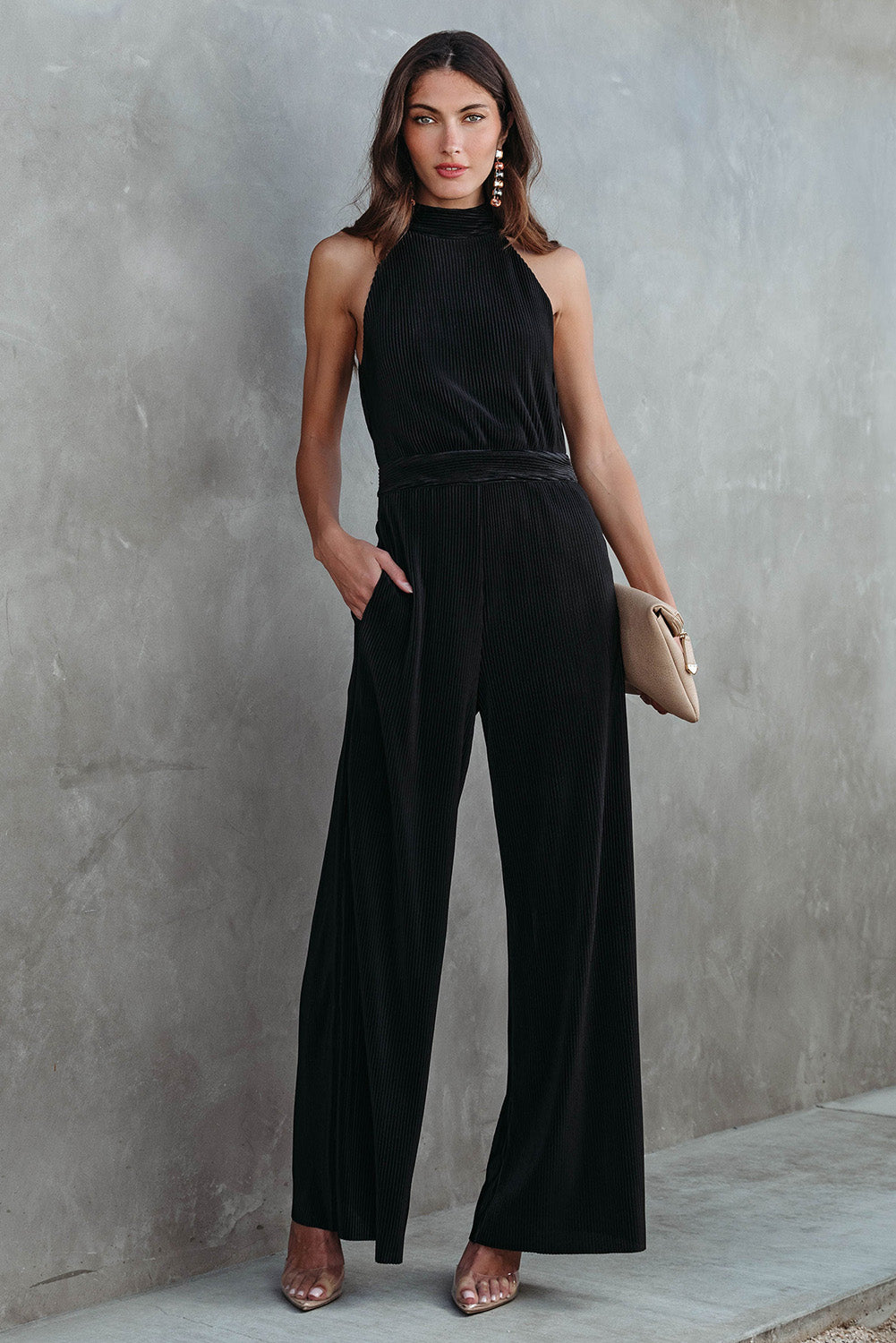 Button Halter Neck Keyhole Back Ribbed Jumpsuit