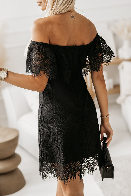 Off-shoulder Overlay Drop Sleeves Lace Dress