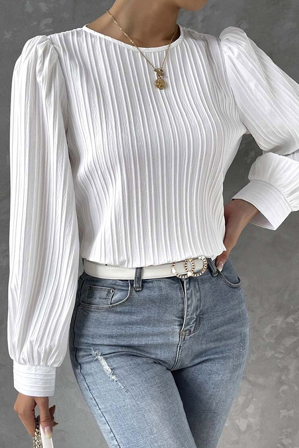 Ribbed Crewneck Puff Long Sleeve Top