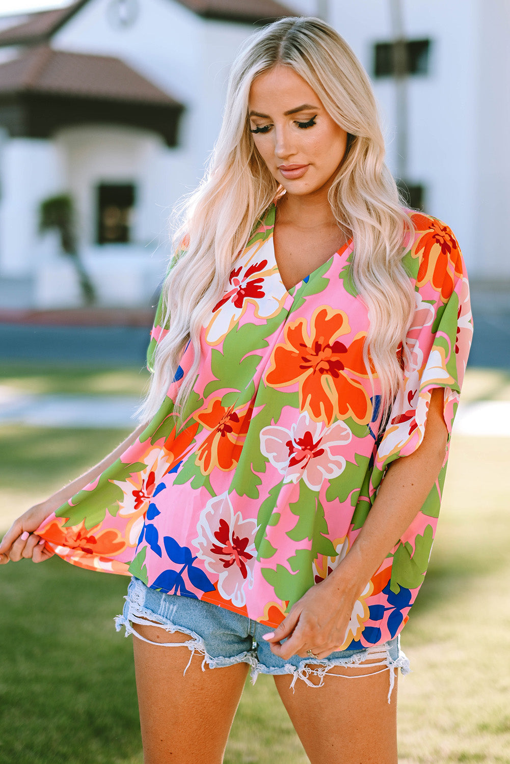 Floral Print Loose Fit V Neck Tunic Blouse