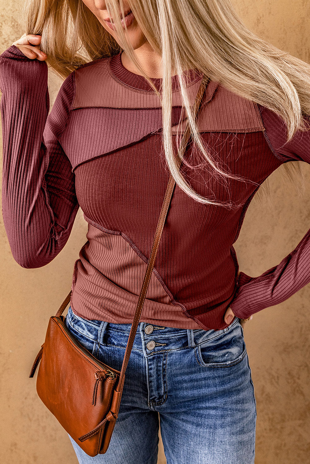 Brown Expose Seam Color Block Ribbed Knit Top