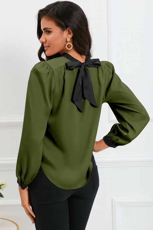 Color Block Bow Back Mock Neck Blouse