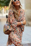 Geometric Print Long Sleeve Surplice Flowy Dress