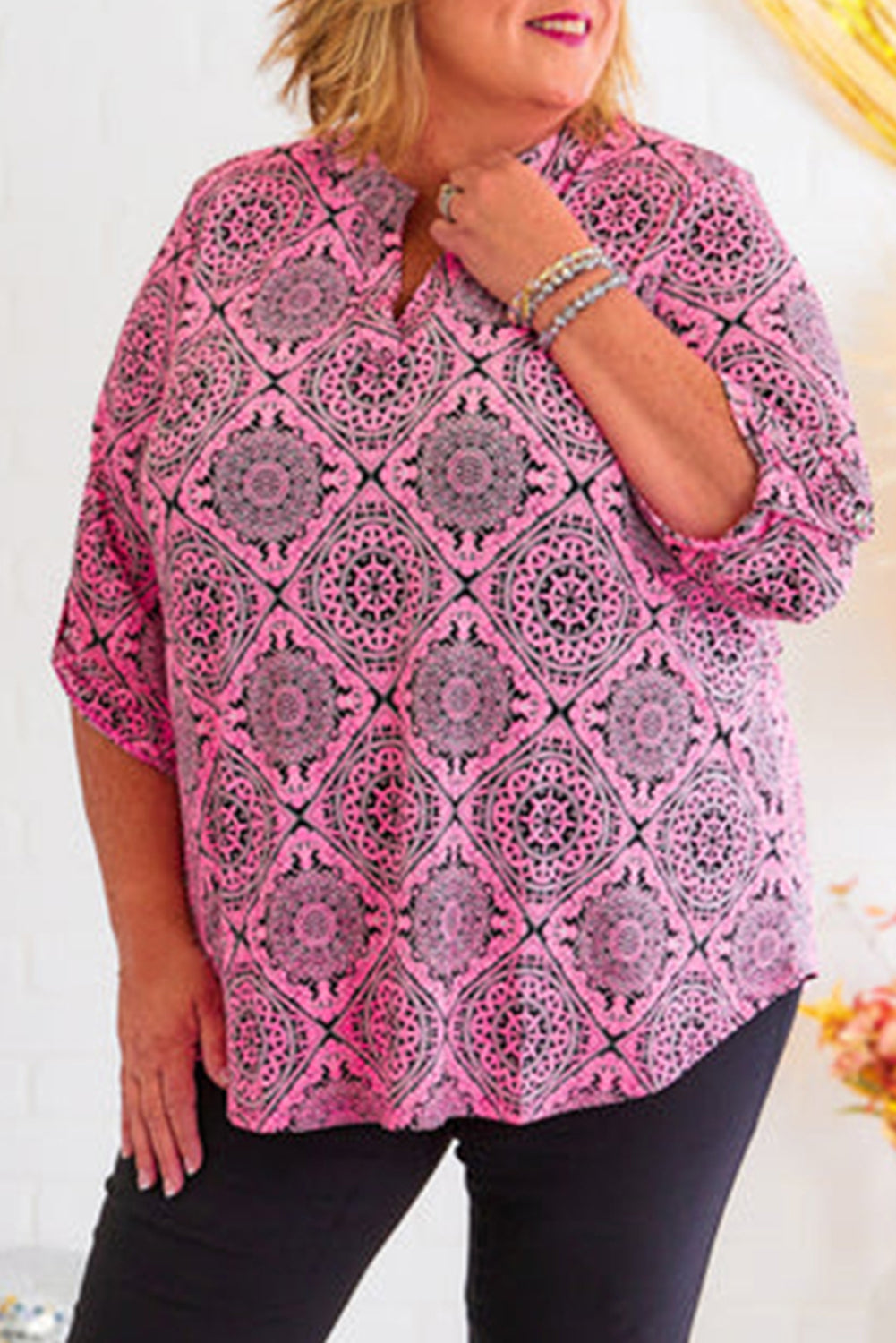 Rose Plus Size Paisley Print V Neck Roll Tab Sleeve Blouse