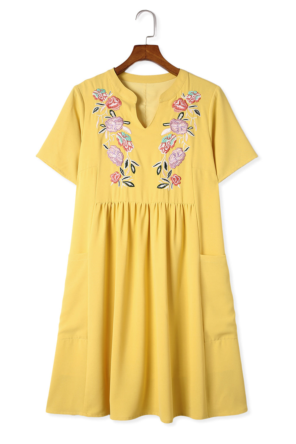 Robe trapèze babydoll jaune à fleurs brodées à col fendu