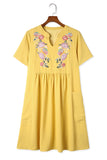 Split Neck Embroidered Floral Babydoll Swing Dress