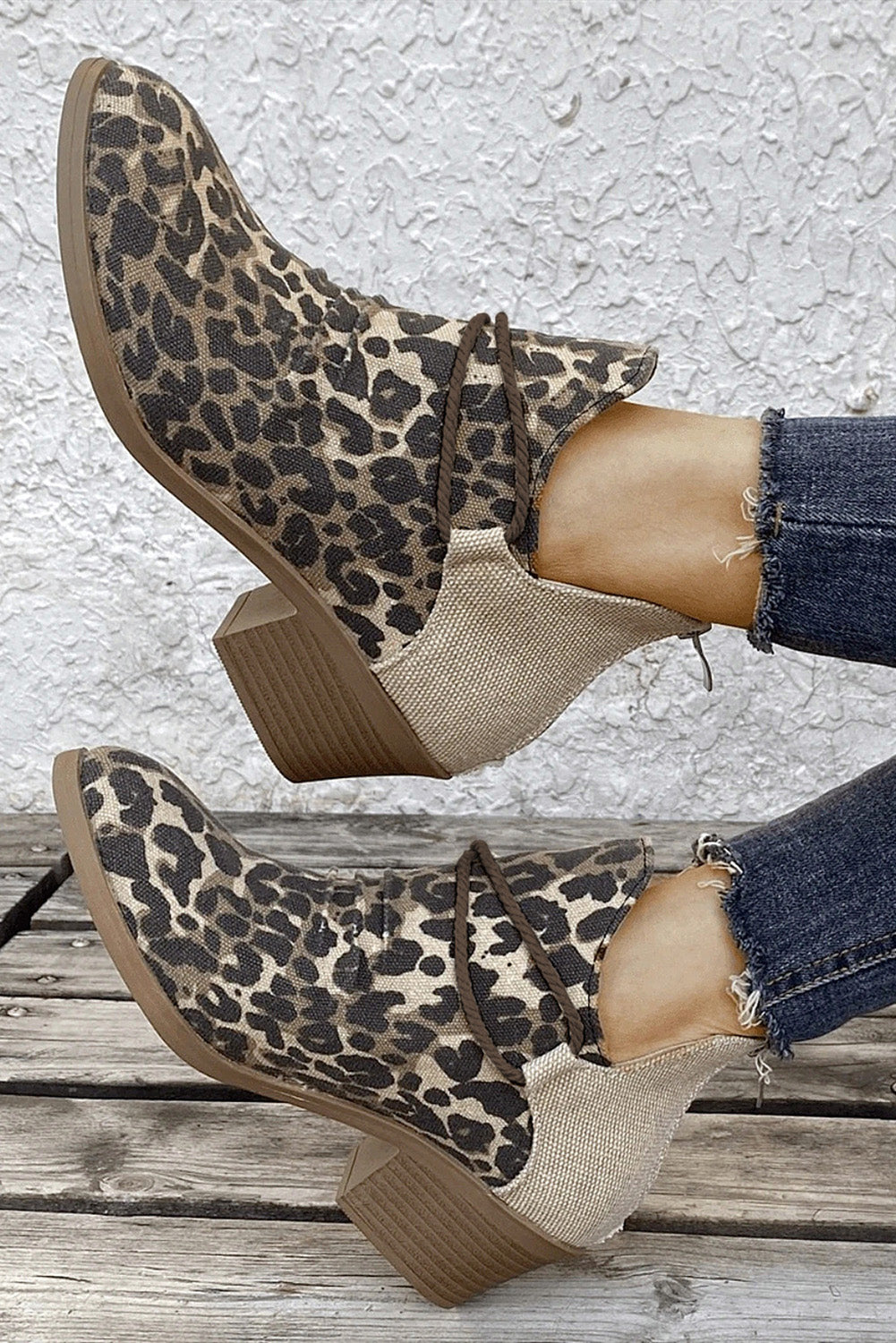 Retro Canvas Patchwork Chunky Heel Booties