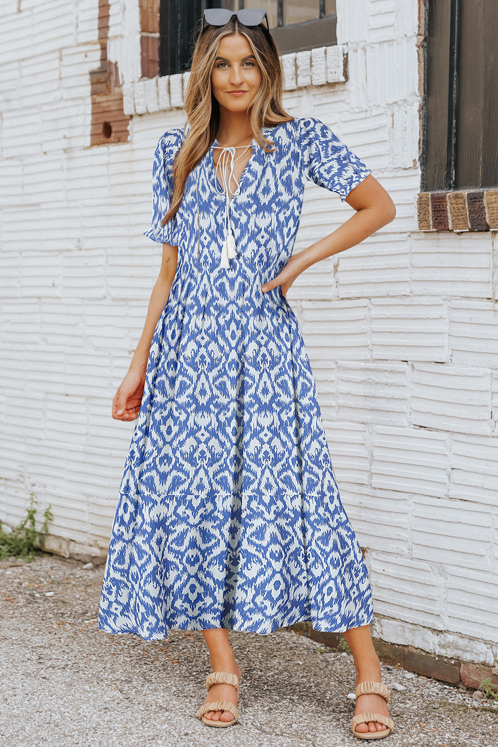 Pink V Neck Casual Geometric Print Maxi Dress