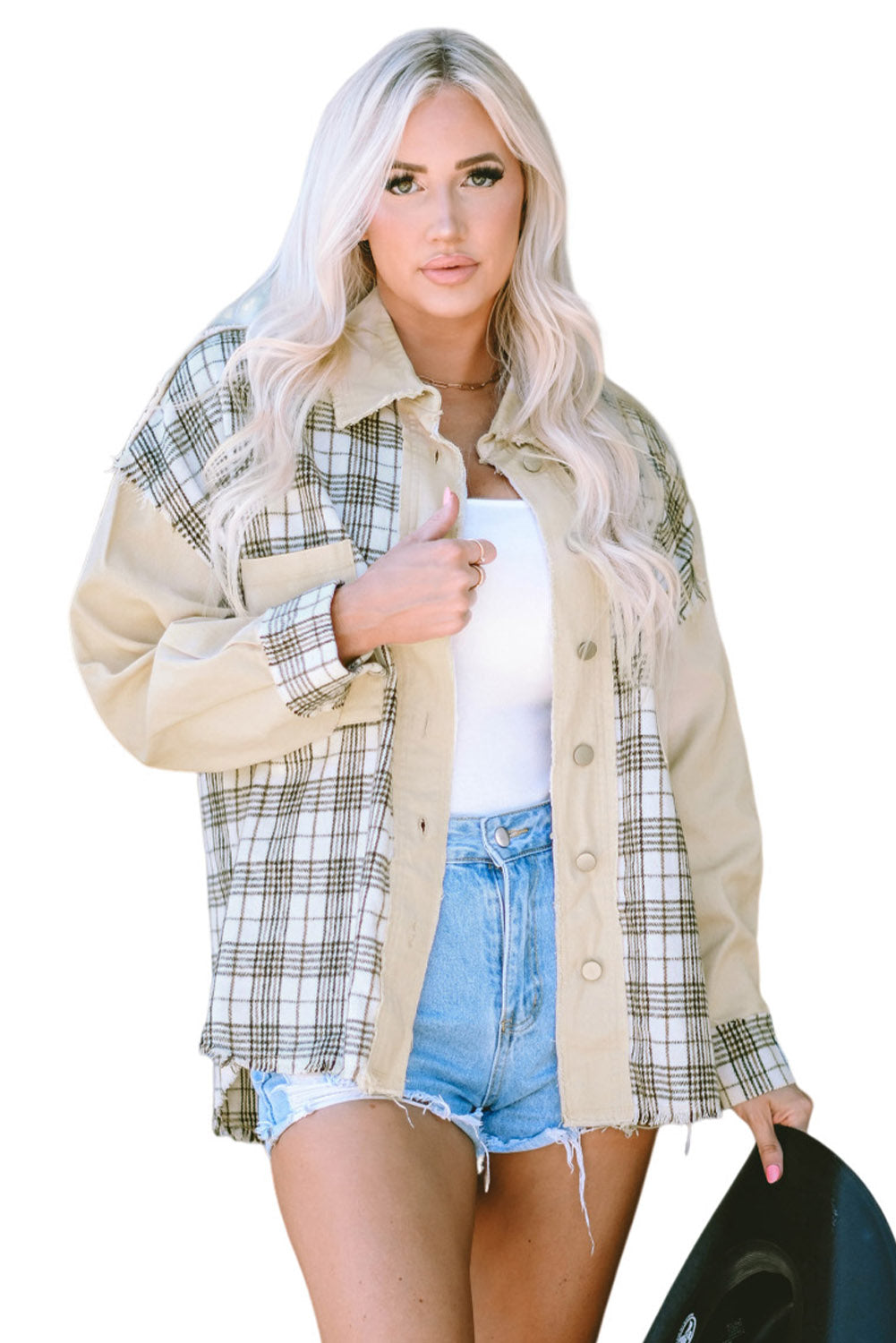 Distressed Raw Edge Plaid Patchwork Denim Jacket