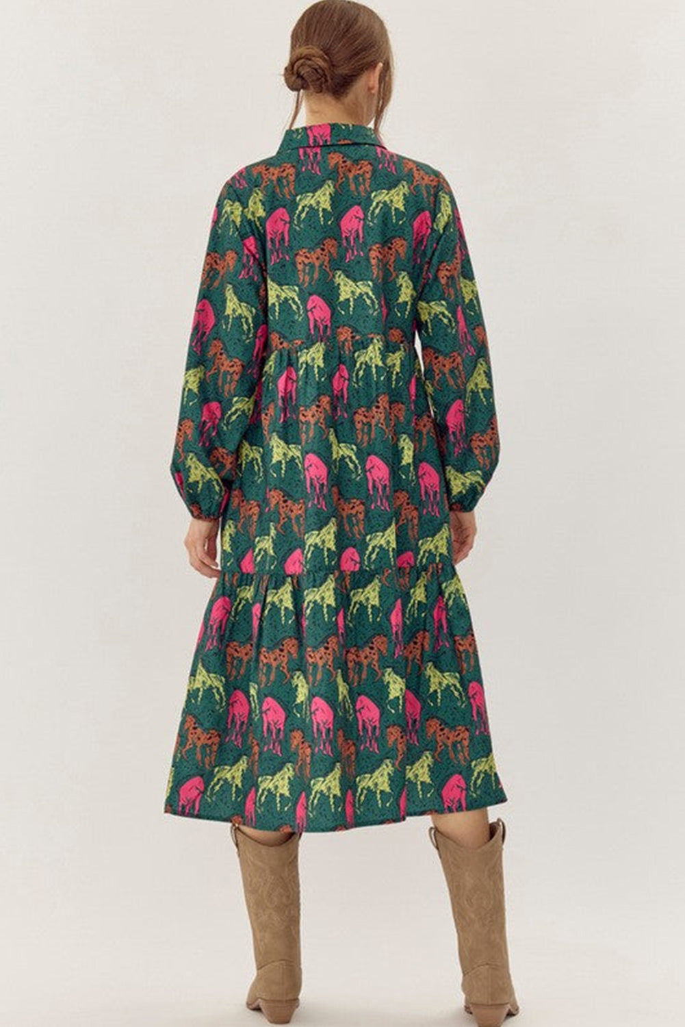 Green Horse Printed Long Sleeve Collared Buttoned Plus Size Midi Dress