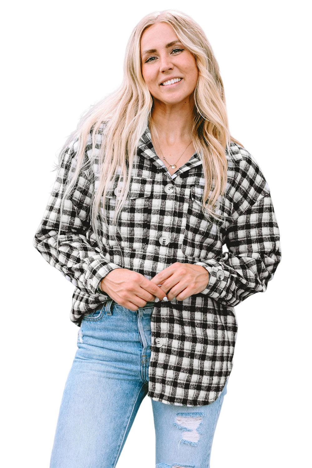 Plaid Print Chest Pockets Buttoned Tunic Shacket