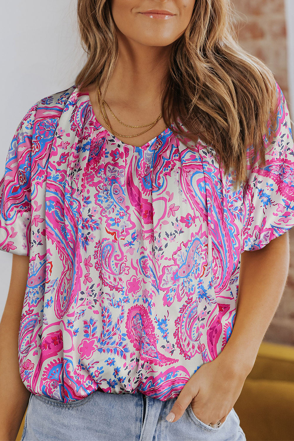 Paisley Pattern Print Puff Sleeve V Neck Blouse