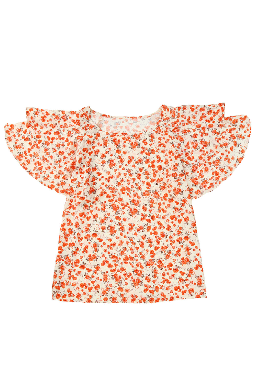 Blouse fleurie orange à manches flottantes et à plusieurs niveaux