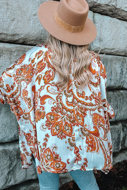 Draped Paisley Print Open Front Overlay Top with Ruffles