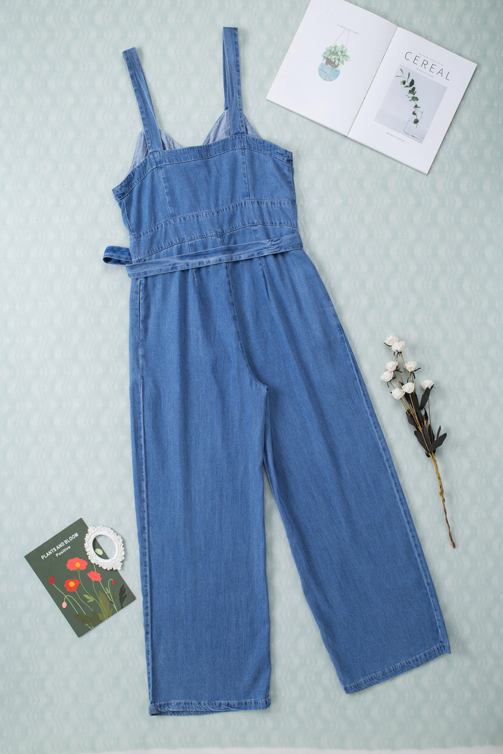 Buttoned Wide Leg Belted Chambray Strappy Jumpsuit