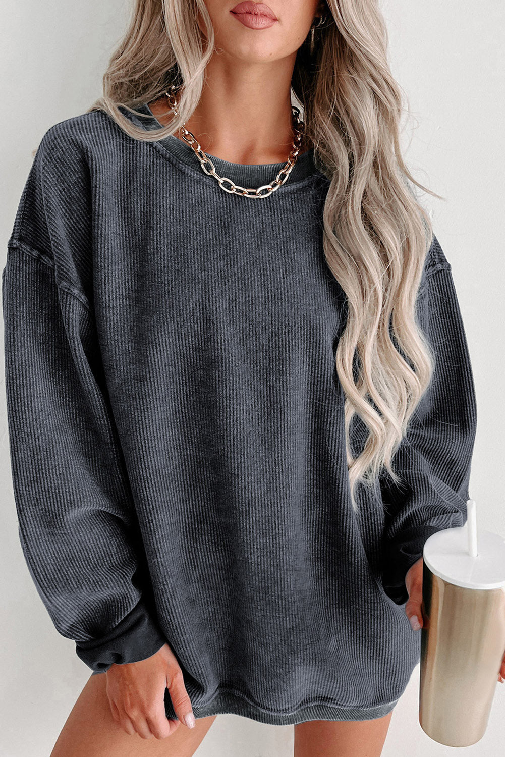 Pink Solid Ribbed Knit Round Neck Pullover Sweatshirt