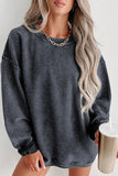 Black Solid Ribbed Knit Round Neck Pullover Sweatshirt