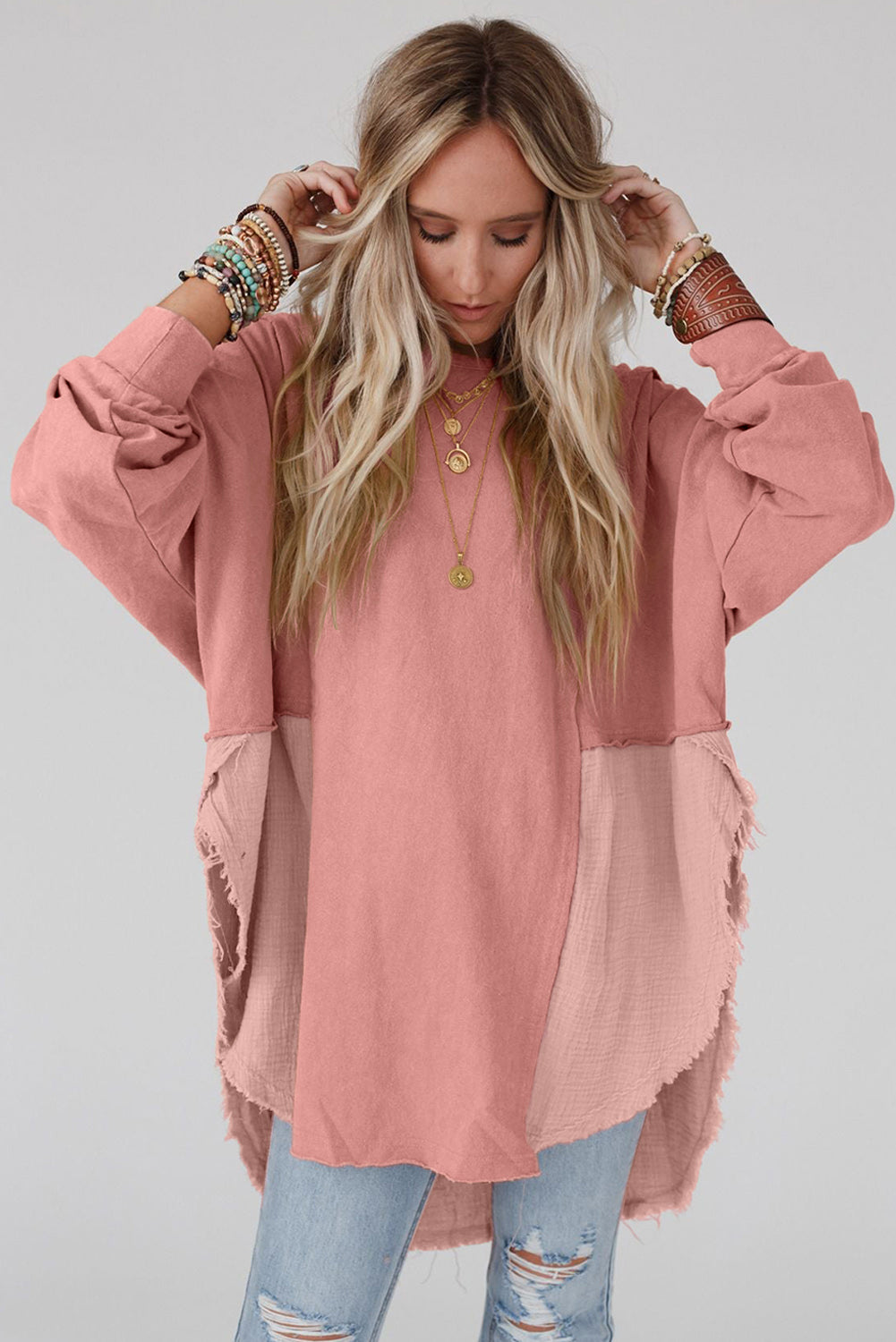 Crinkle Splicing Raw Hem High Low Oversized Blouse