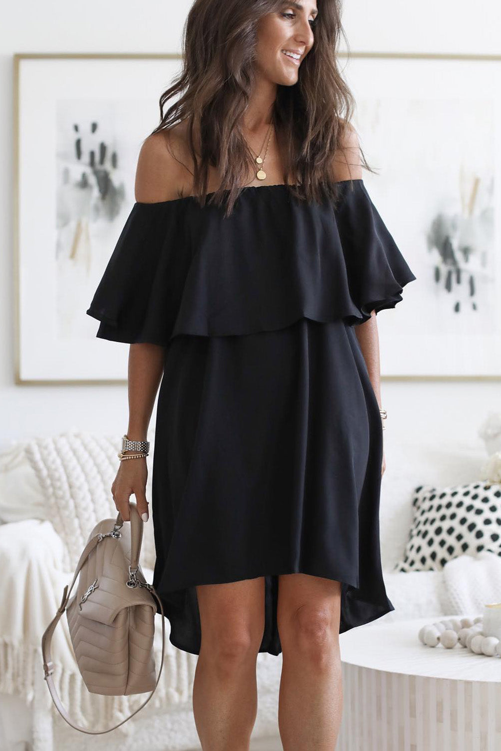 Off The Shoulder Ruffle Casual Shift Dress