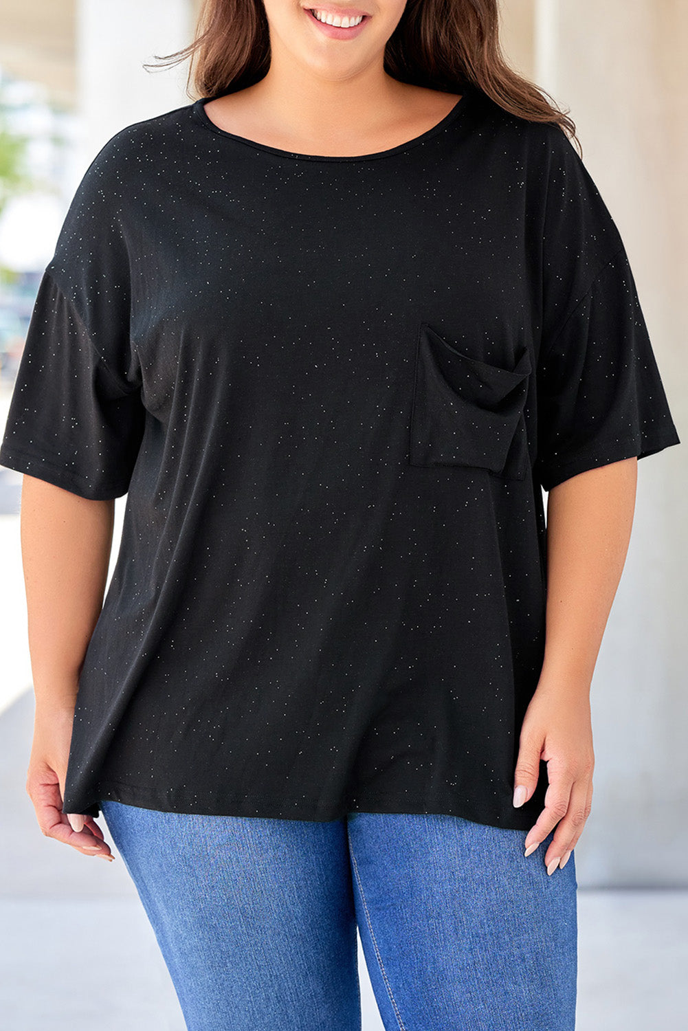 T-shirt Noir à Poches Splatter Allover Grande Taille