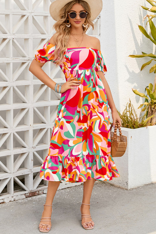 Abstract Print Square Neck Flowy Midi Dress