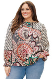 Mixed Floral Geometric Print Ruffled Long Sleeve Blouse