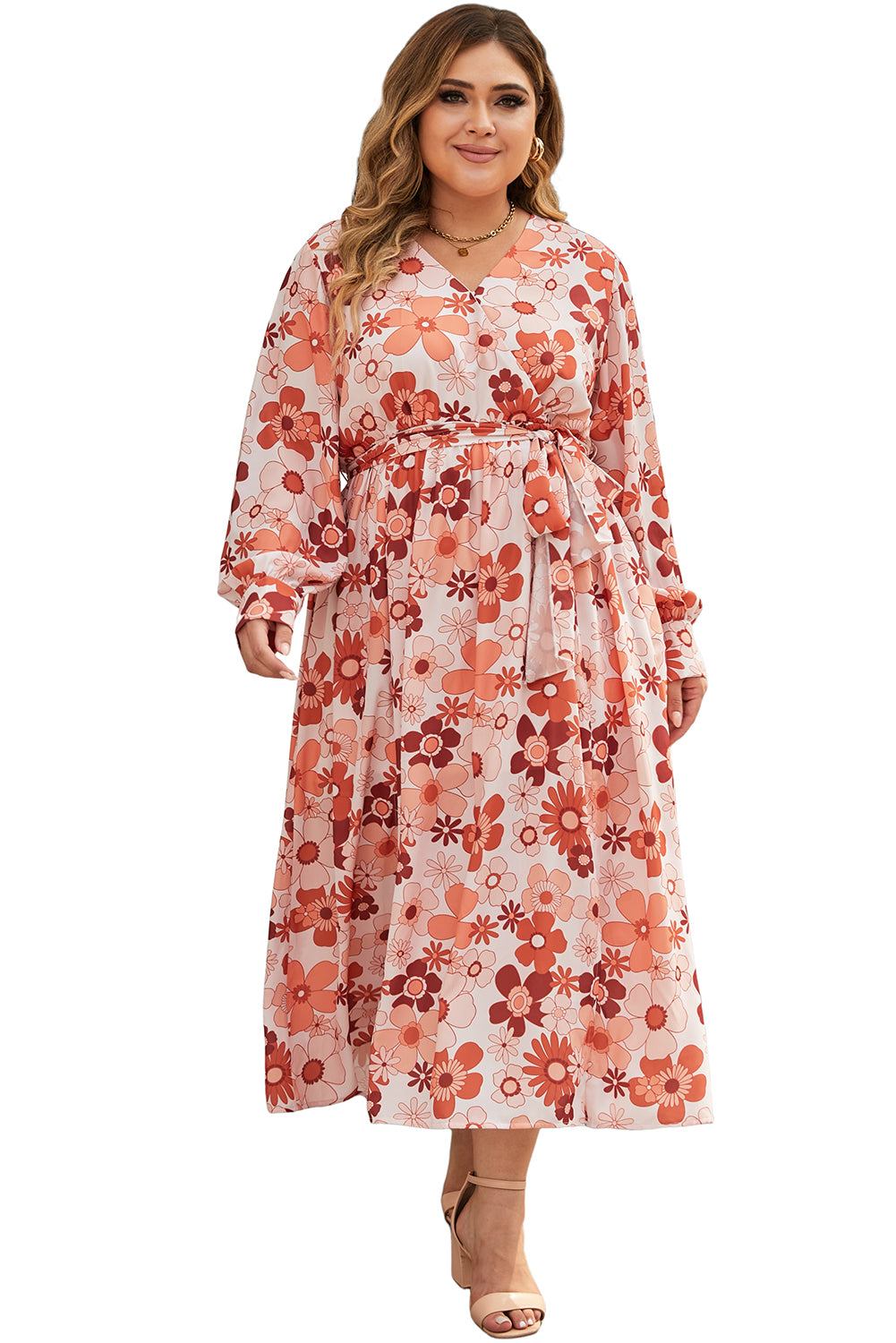 Robe longue orange à imprimé floral et col en V de grande taille