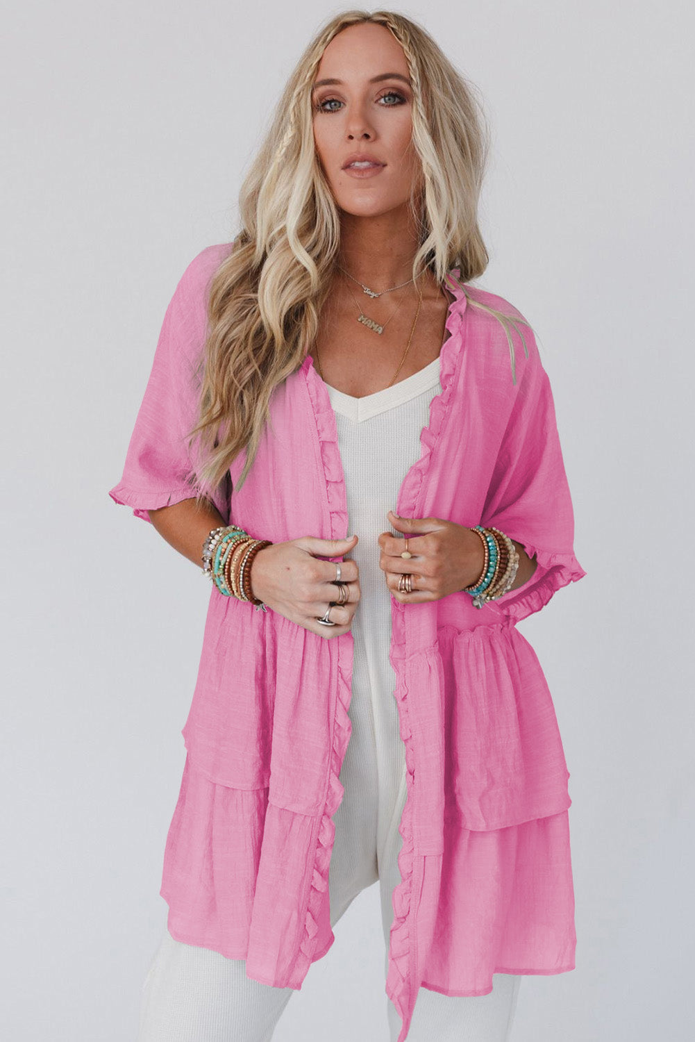 Ruffled Trim Half Sleeve Open Front Kimono