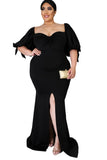 Robe longue noire avec nœud papillon et manches bouffantes, grande taille, fente haute