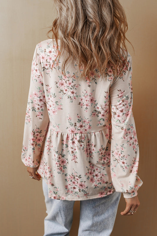 Pink Floral Print Pleated U Neck Loose Fit Blouse