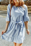 Ruffle Trim Half Sleeve Belted Denim Dress