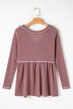 Waffle Knit V Neck Long Sleeve Babydoll Top