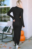 Black Ribbed Twist Cutout Long Sleeve Dress