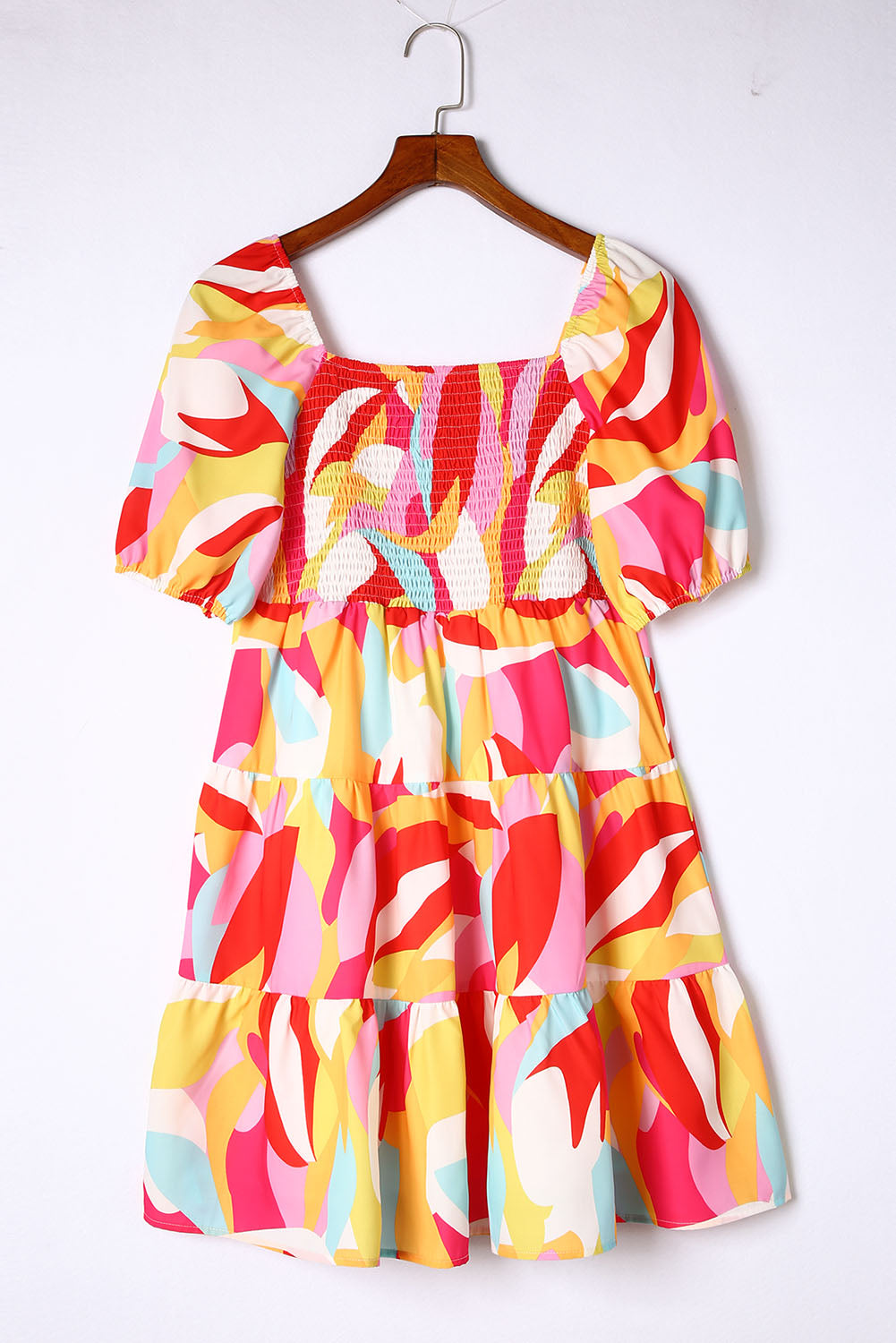 Multicolor Abstract Print Puff Sleeve Smocked Square Neck Dress