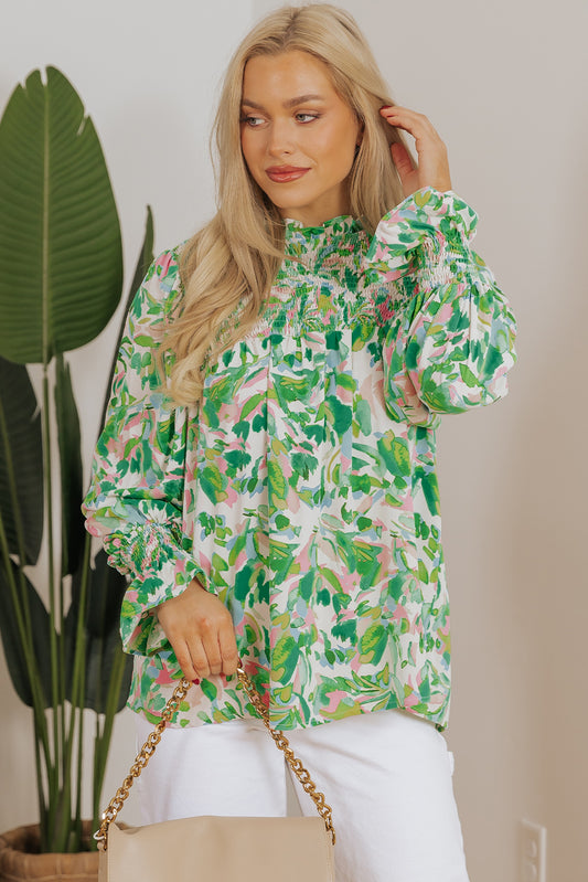 Green Leafy Printed Flounce Sleeve Shirred Mock Neck Blouse