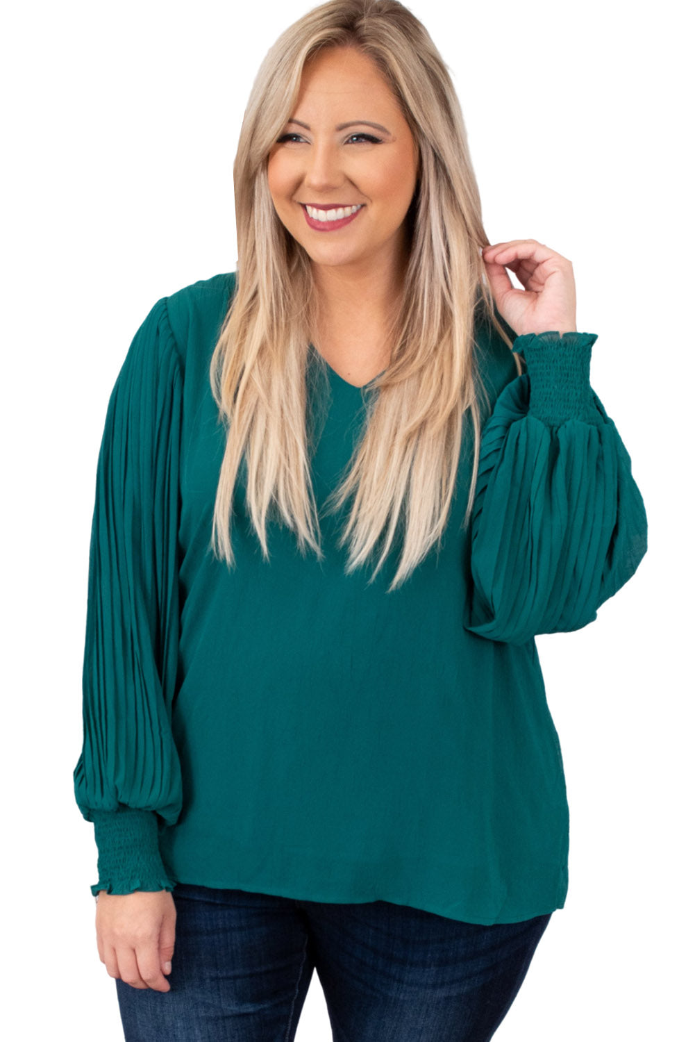 Pleated Bubble Sleeve Plus Size Blouse