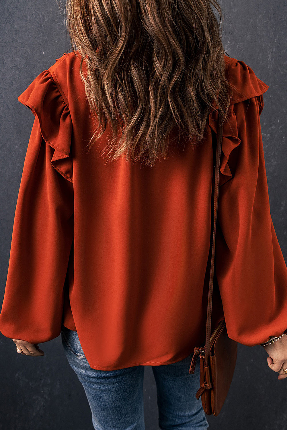 Orange Ruffled Pleated Buttoned V Neck Blouse