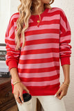 Red Stripe Long Sleeve Round Neck Drop Shoulder Top