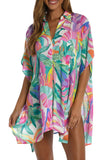 Plant Print Button-up Half Sleeve Beach Cover Up