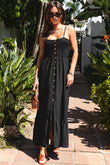 Black Spaghetti Straps Smocked Front Slit Buttoned Dress