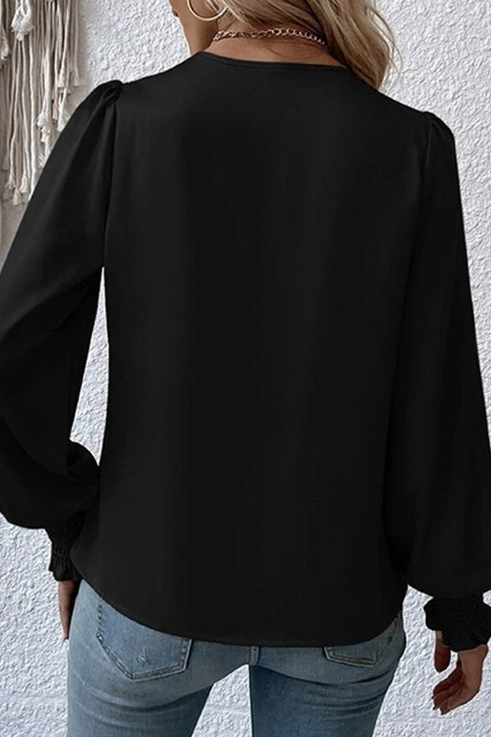 Solid Surplice Neck Shirred Cuffs Draped Blouse