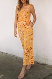 Floral Print Ruffle Shoulder Smocked Wide Leg Jumpsuit