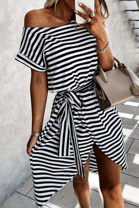 Khaki Stripe Short Sleeve Belted Wrapped Hemline T-Shirt Dress