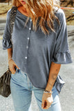 Ruffled Half Sleeve Buttoned Loose T Shirt