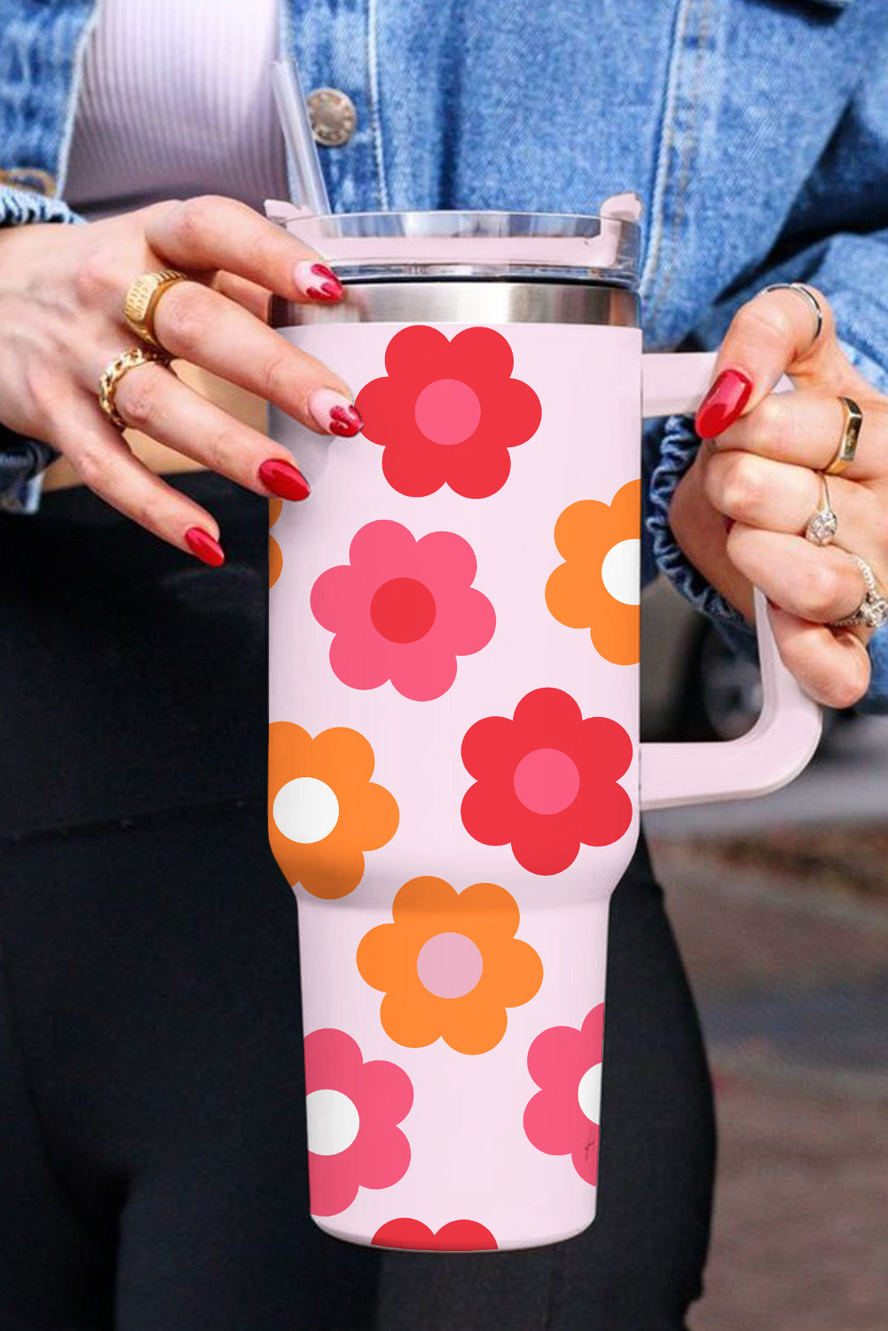 Tasse à vide en acier inoxydable avec impression de fleurs multicolores 