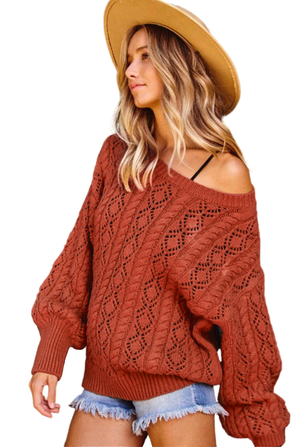 Exquisite Knitted Drop Shoulder Puff Sleeve Sweater