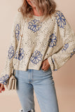 White Contrast Flower Print Eyelet Drop Shoulder Sweater