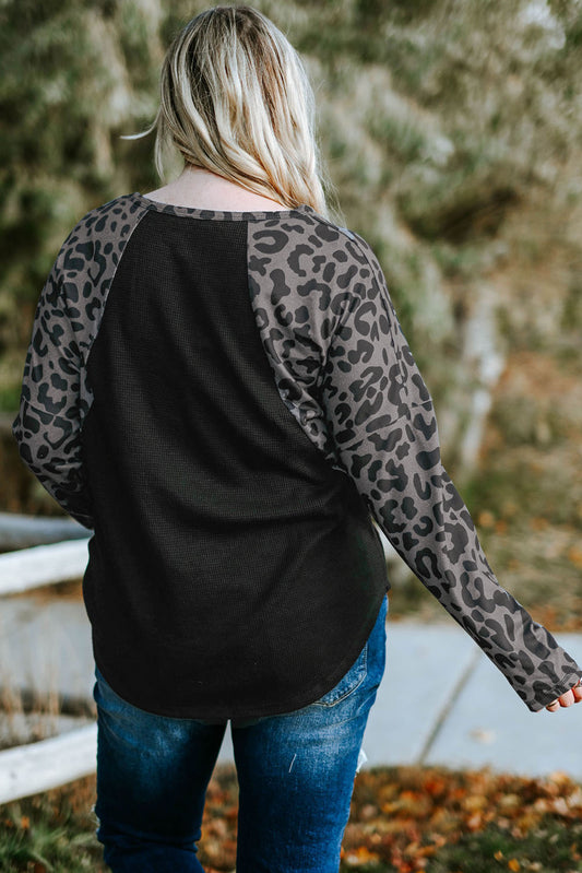 Leopard Raglan Sleeve Waffle Knit Plus Size Top